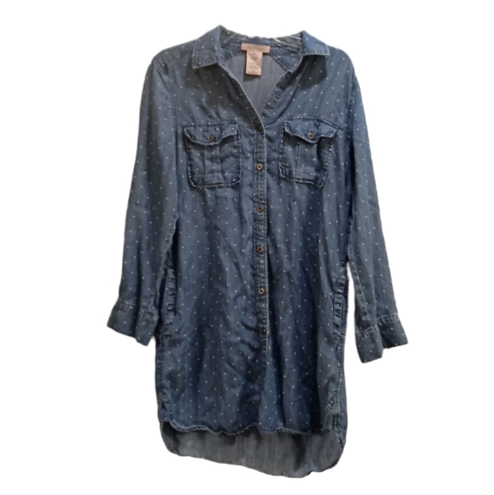 Philosophy Women's Polka Dot Button Front Western Blue Denim Dress Size S
